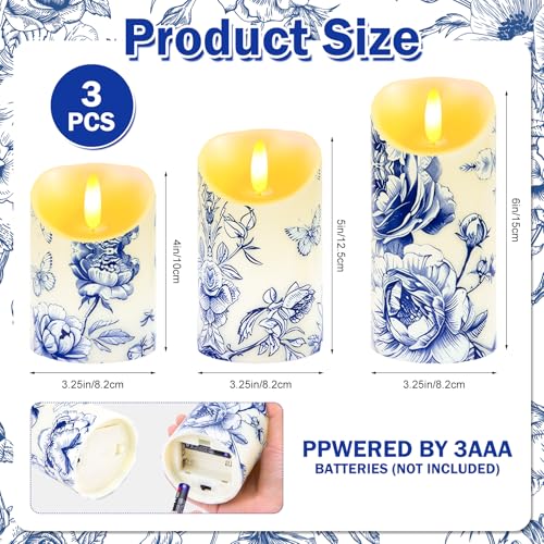 Ouvibor 3 Pcs Blue and White Flameless Candles Wedding Table Centerpiece Chinoiserie Candles Blue White Floral Printed Faux Candles with Remote Timer for Wedding Home Holiday Table Decor - Image 4