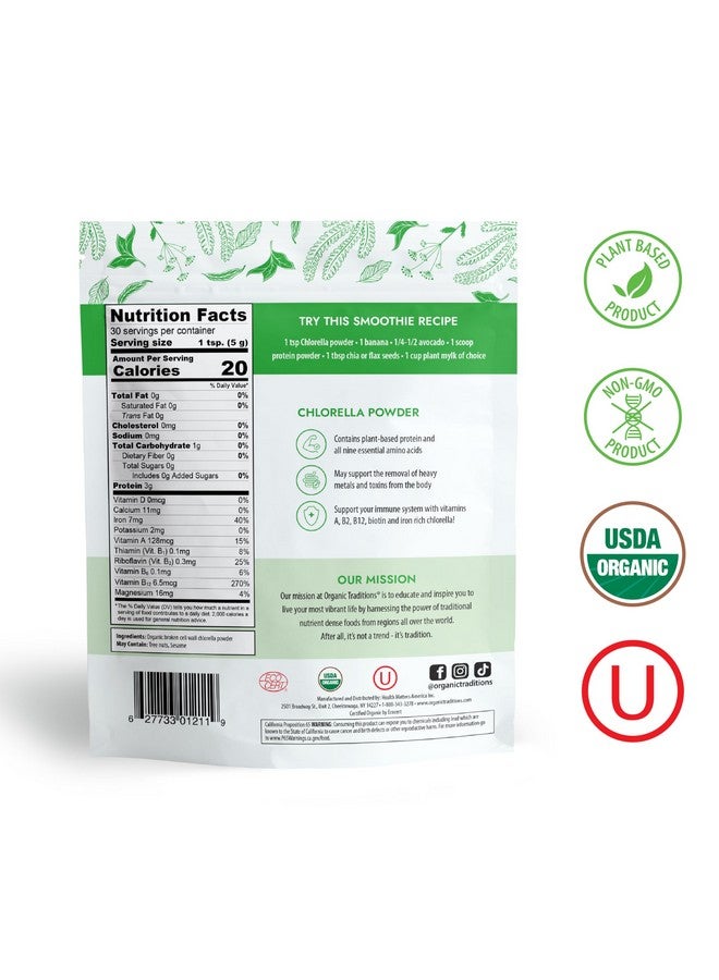 Organic Traditions Organic Chlorella Powder, Vegan Non-GMO Organic Superfood, 5.3oz (150g) Bag, 30 Servings per Bag - Image 2