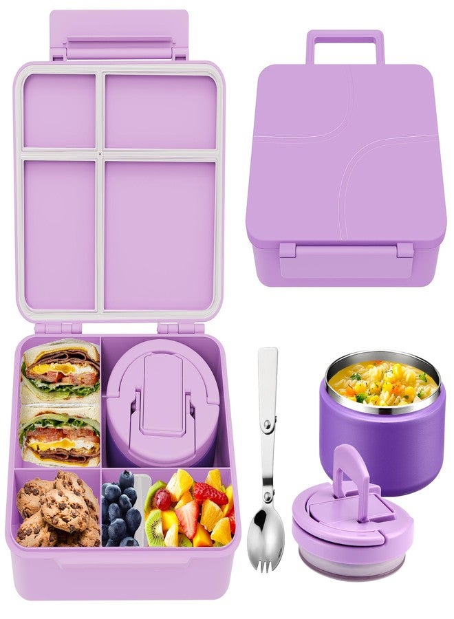 MAXSO Bento Lunch Box Set for Kids with 8 oz Soup Thermo, Leakproof Hot Food Container with 4 Compartments, Insulated Food Jar for Toddler Daycare Boys Girls School - Purple - Image 1