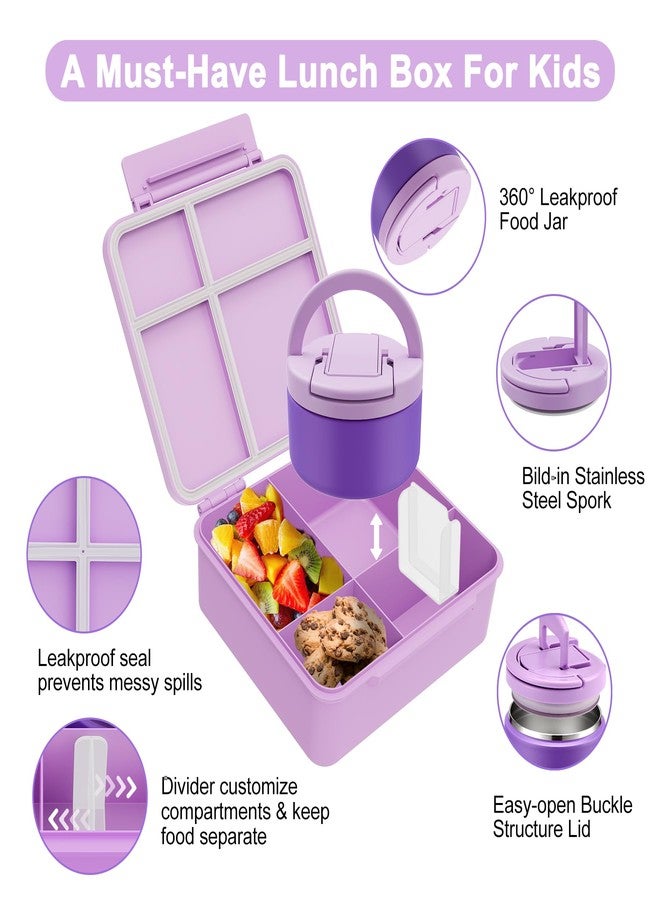 MAXSO Bento Lunch Box Set for Kids with 8 oz Soup Thermo, Leakproof Hot Food Container with 4 Compartments, Insulated Food Jar for Toddler Daycare Boys Girls School - Purple - Image 2