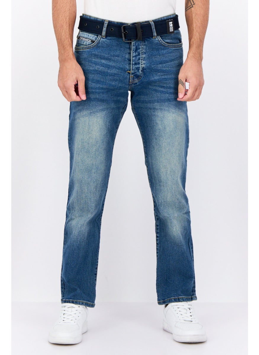 CROSSHATCH Men Regular Fit Washed Belted Stretchable Jeans, Blue  - Image 1