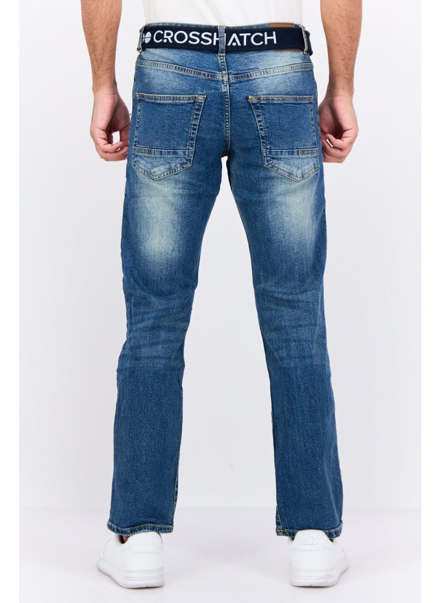 CROSSHATCH Men Regular Fit Washed Belted Stretchable Jeans, Blue  - Image 3