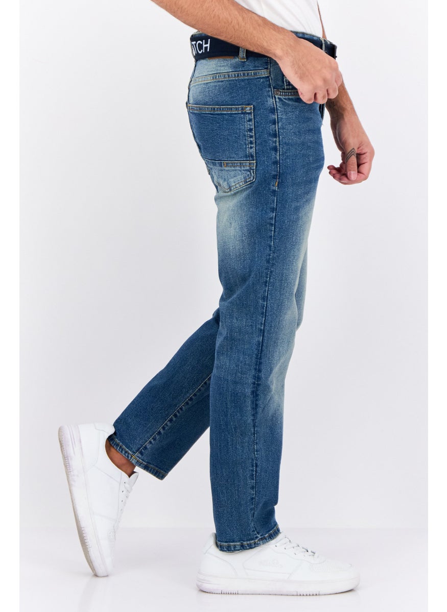 CROSSHATCH Men Regular Fit Washed Belted Stretchable Jeans, Blue  - Image 2