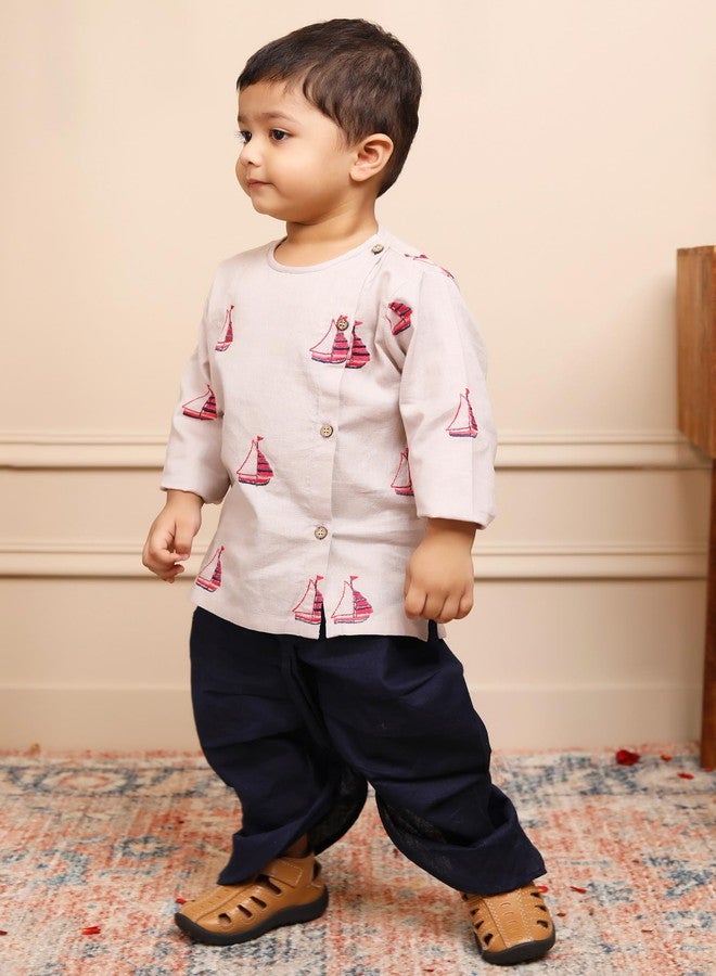 POLKA TOTS Elegant Traditional Dhoti Kurta Set for Baby Boys - Soft Cotton Ethnic Dress for Festivals - Comfortable Indian Outfit for Infants & Toddlers (Color: Grey, 3-6 M) - Image 3
