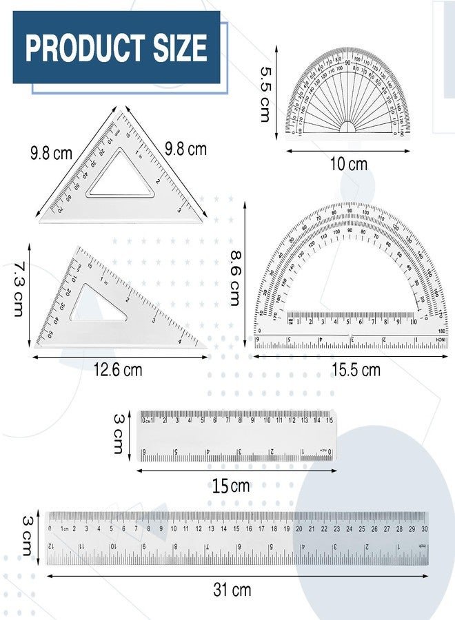 Tenare 1 Set Plastic Clear Math Set Includes Protractor Triangle Rulers 12 Inch 6 Inch Straight Geometry Math Transparent Ruler Measuring Tool for School Office Home Supplies(Clear) - Image 2