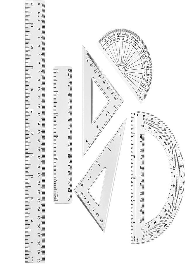 Tenare 1 Set Plastic Clear Math Set Includes Protractor Triangle Rulers 12 Inch 6 Inch Straight Geometry Math Transparent Ruler Measuring Tool for School Office Home Supplies(Clear) - Image 1
