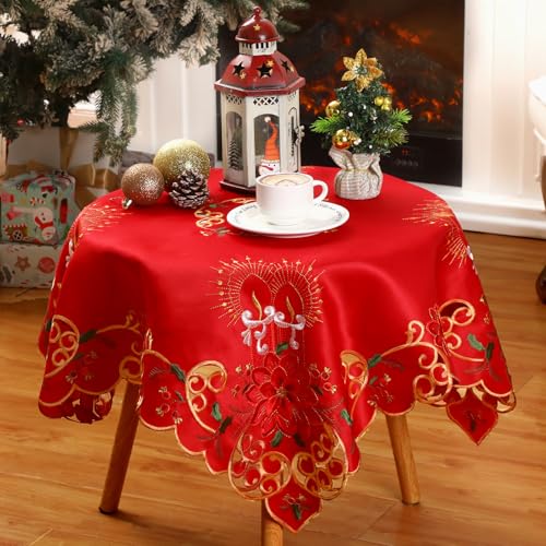 Tingjoo Small Christmas Table Cloth Poinsettia Tablecloth Topper 33 Square Christmas Embroidered Tablecloth with Embroidery and Cutwork Candle Flower Ornament for Centerpiece - Image 1