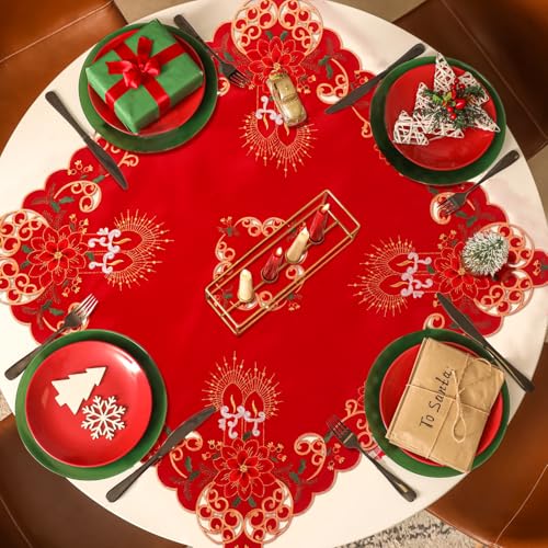Tingjoo Small Christmas Table Cloth Poinsettia Tablecloth Topper 33 Square Christmas Embroidered Tablecloth with Embroidery and Cutwork Candle Flower Ornament for Centerpiece - Image 3