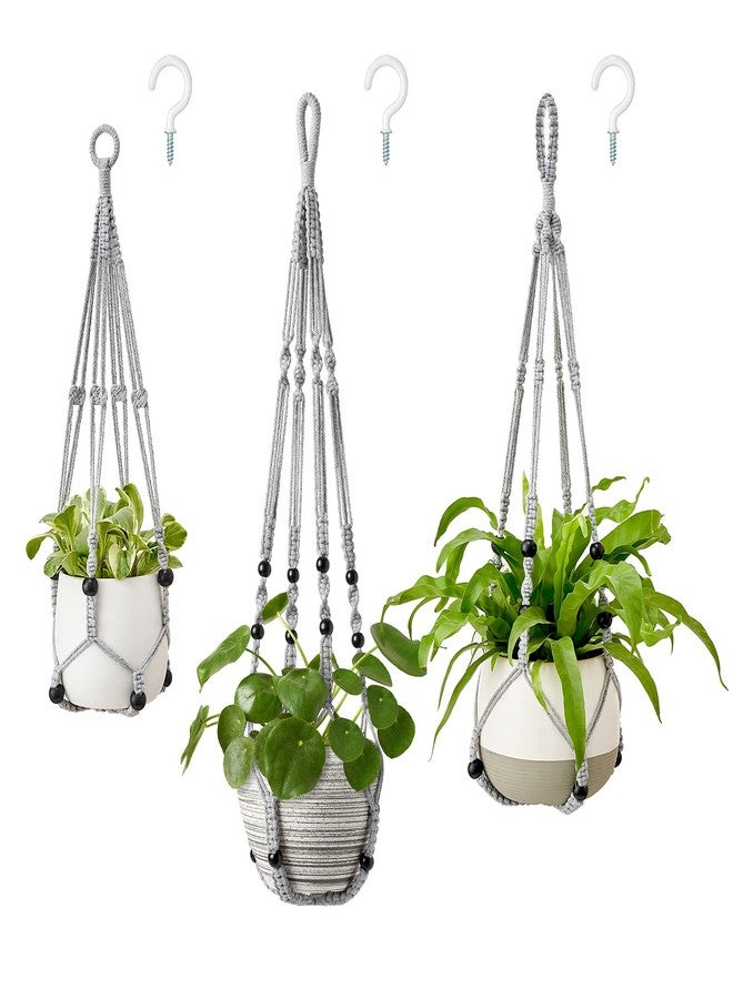 Mkono 3 Pack Macrame Plant Hangers Indoor Different Size Hanging Planter Basket Flower Pot Holder with Beads No Tassels 35"/29"/23", Medium, Grey - Image 1