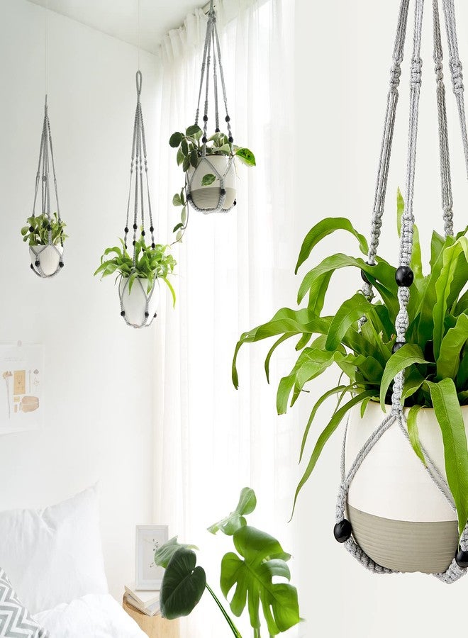 Mkono 3 Pack Macrame Plant Hangers Indoor Different Size Hanging Planter Basket Flower Pot Holder with Beads No Tassels 35"/29"/23", Medium, Grey - Image 2