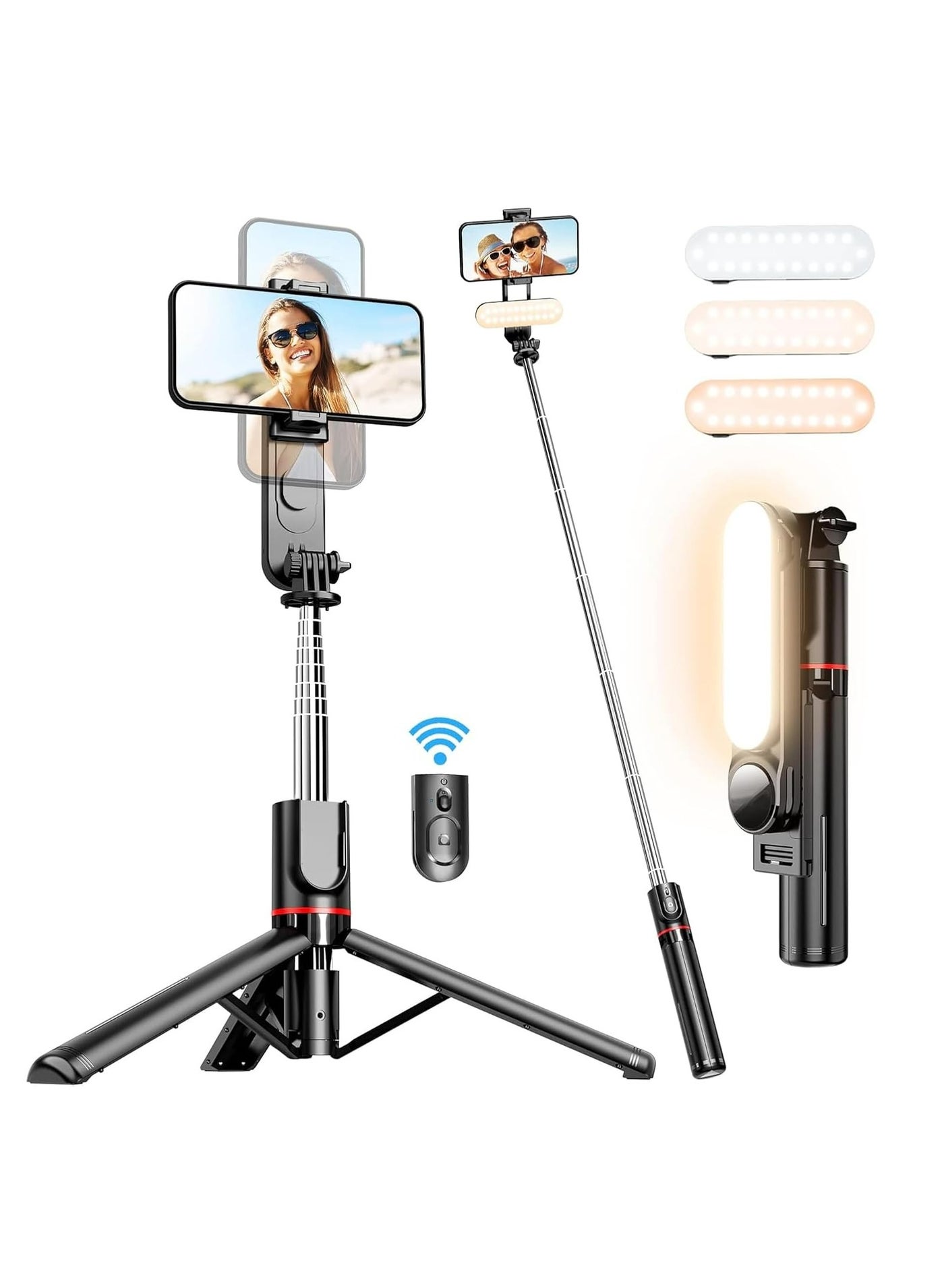 44.88(114cm)Selfie Stick Tripod, Extendable Tripod with Rechargeable Bluetooth Remote,Removable fill light, Compatible with iPhone and Android Smartphones, Perfect for Travel, Vlog, Video and Photo,