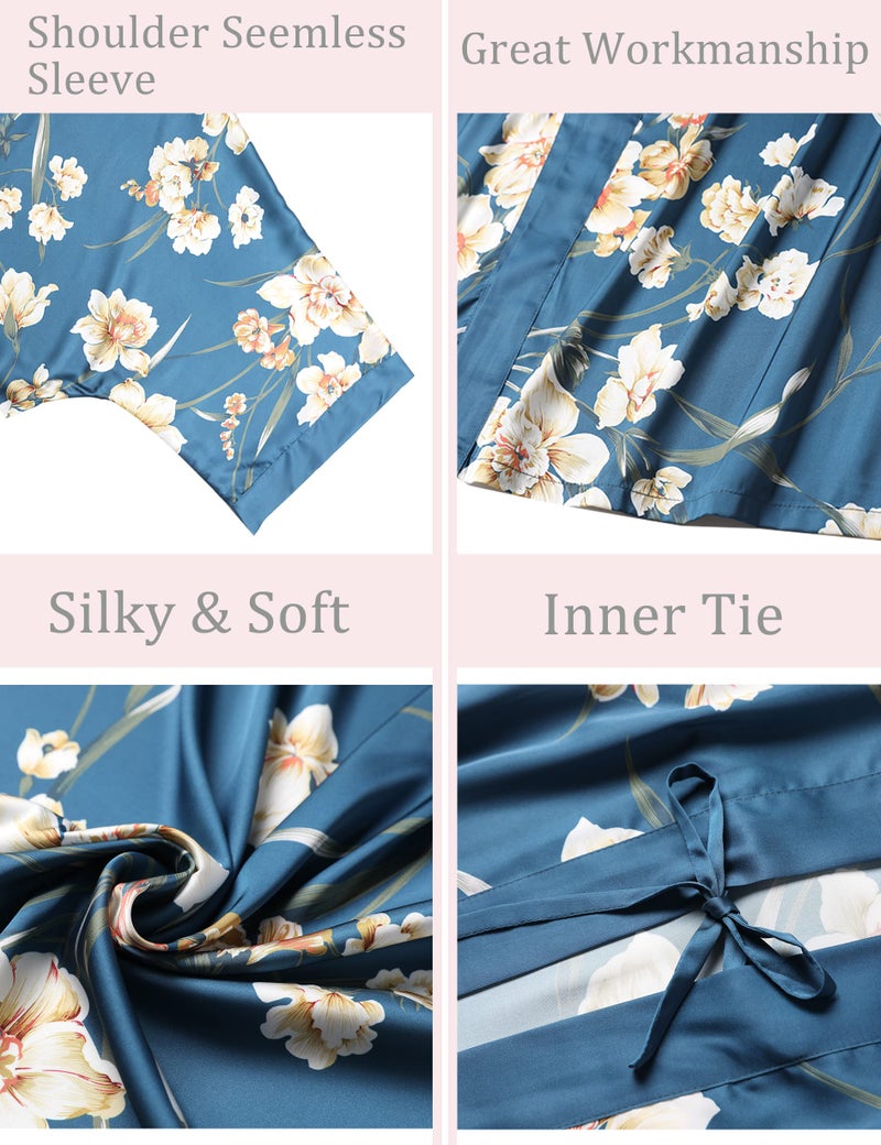 Aensso Long Soft Lightweight Silky Kimonos Robes for Women, Luxury Japanese Floral Womens Kimono Robe (Indigo) - Image 3