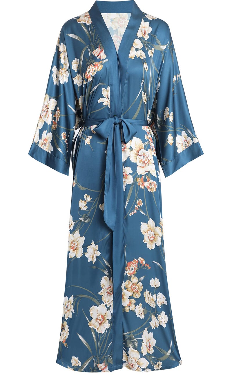 Aensso Long Soft Lightweight Silky Kimonos Robes for Women, Luxury Japanese Floral Womens Kimono Robe (Indigo) - Image 1
