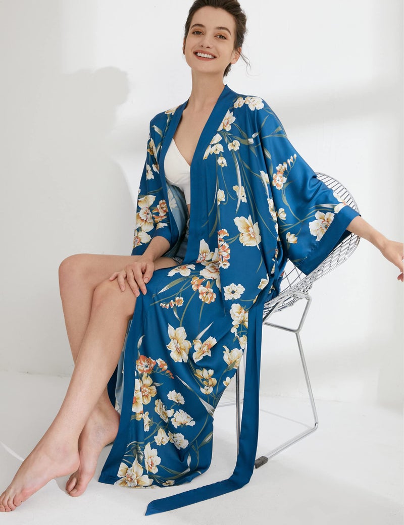 Aensso Long Soft Lightweight Silky Kimonos Robes for Women, Luxury Japanese Floral Womens Kimono Robe (Indigo) - Image 4