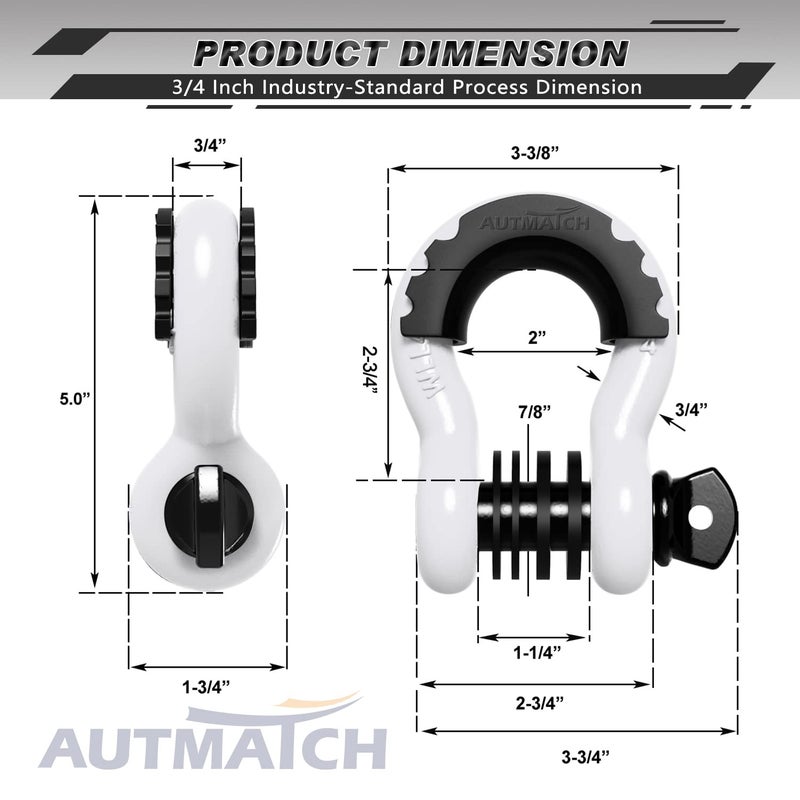 Autmatch D Ring Shackle 3/4"" Shackles (2 Pack) 41 887Ibs Break Strength  Clevis Shackle With 7/8"" Screw Pin And Shackle Isolator Washers Kit For Tow Strap Winch Off Road Vehicle Recovery  White - Image 3