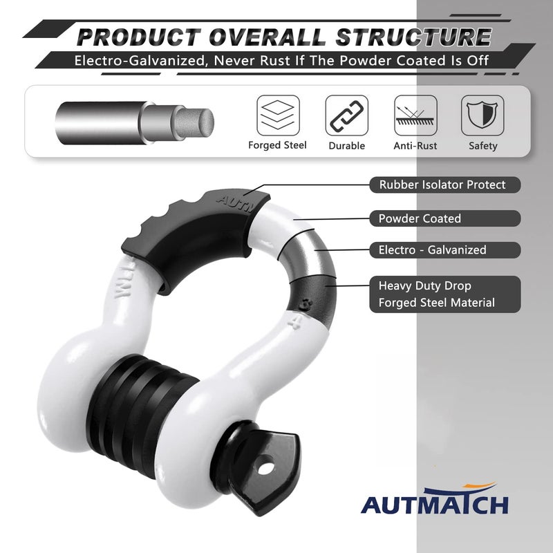 Autmatch D Ring Shackle 3/4"" Shackles (2 Pack) 41 887Ibs Break Strength  Clevis Shackle With 7/8"" Screw Pin And Shackle Isolator Washers Kit For Tow Strap Winch Off Road Vehicle Recovery  White - Image 4