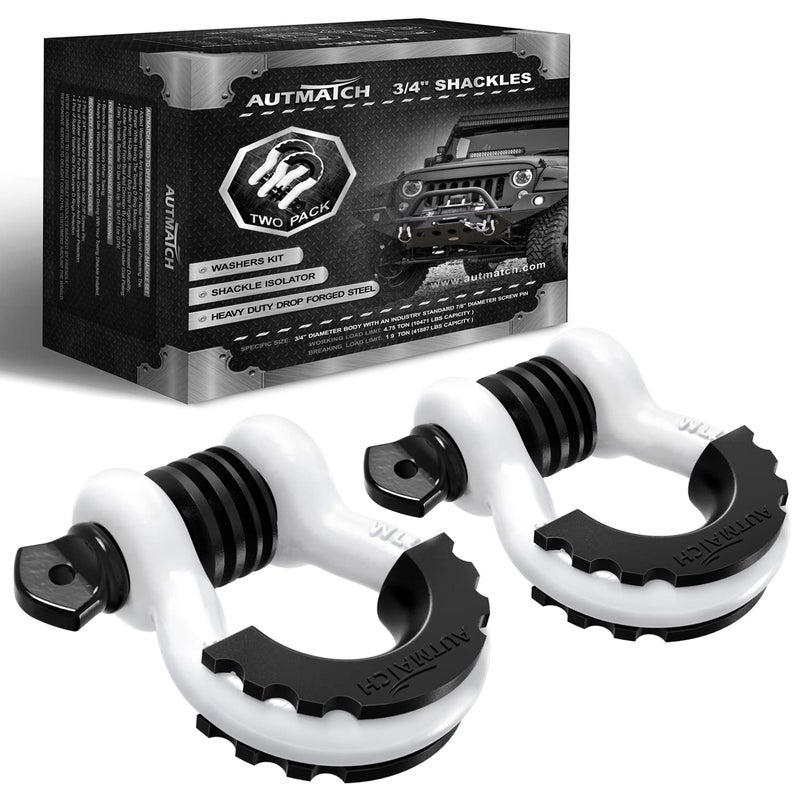 Autmatch D Ring Shackle 3/4"" Shackles (2 Pack) 41 887Ibs Break Strength  Clevis Shackle With 7/8"" Screw Pin And Shackle Isolator Washers Kit For Tow Strap Winch Off Road Vehicle Recovery  White - Image 1