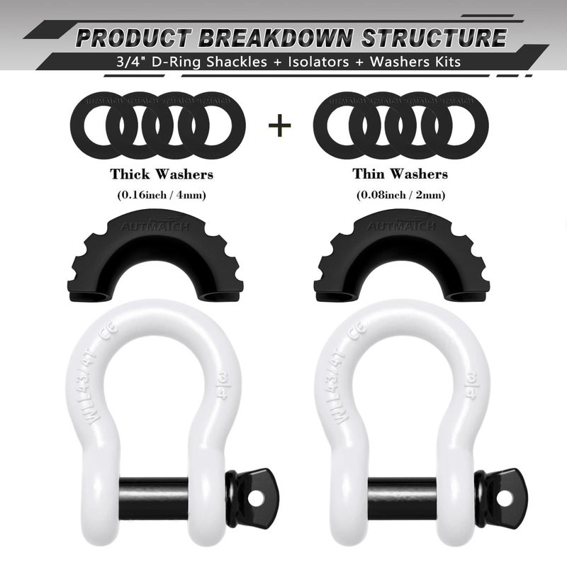 Autmatch D Ring Shackle 3/4"" Shackles (2 Pack) 41 887Ibs Break Strength  Clevis Shackle With 7/8"" Screw Pin And Shackle Isolator Washers Kit For Tow Strap Winch Off Road Vehicle Recovery  White - Image 2