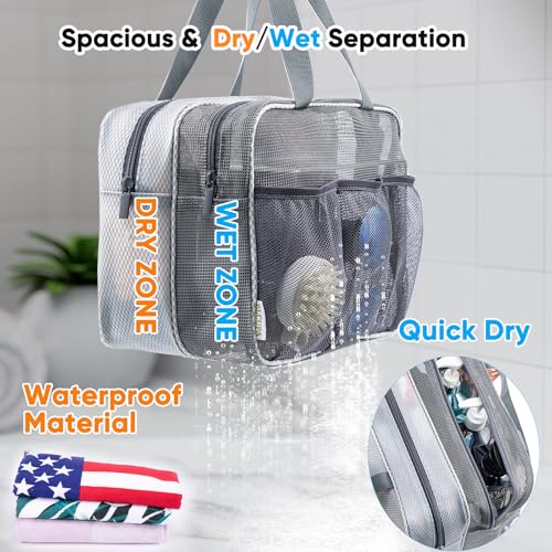 ELCUPA Large Mesh Shower Caddy with Wet Dry Zones Portable Hanging Toiletry Bag for College Dorm Room Essentials Travel Gym Camping Beach Tote Bag QuickDry Shower Tote Organizer - Image 3