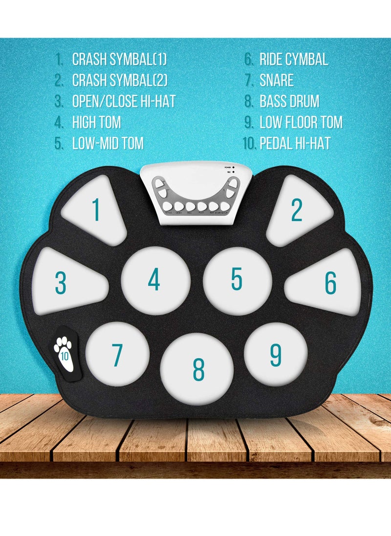 Excefore Portable 9 Pad Electronic Drum Kit with 9 Electronic Pads Foot Pedals Drumsticks Power Supply and Headphone Jack Tabletop Roll Loaded with Drum Electric Kits Songs for Adults Children Beginners  - Image 3