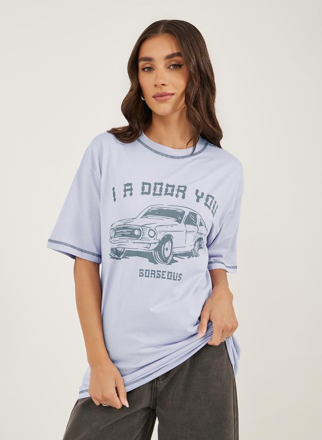Styli Graphic Print Contrast Stitch Detail Oversized T-Shirt  - Image 1