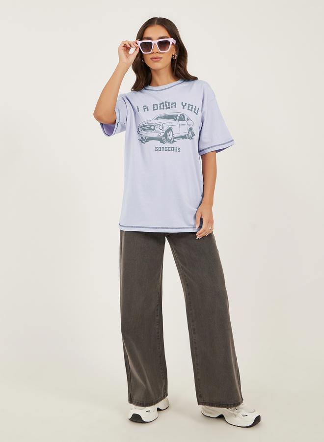 Styli Graphic Print Contrast Stitch Detail Oversized T-Shirt  - Image 2