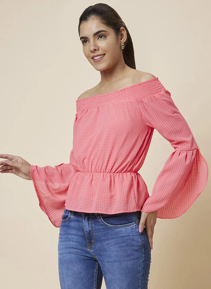 globus Globus Women Pink Off-Shoulder Bell Sleeve Cinched Waist Top