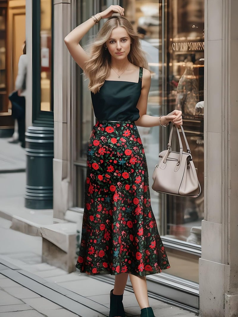 Keasmto Womens Floral Skirts Midi Length High Waist Silk Satin Elasticized A Line Summer Casual Boho Flower Skirt Black Red Floral-03 L - Image 2