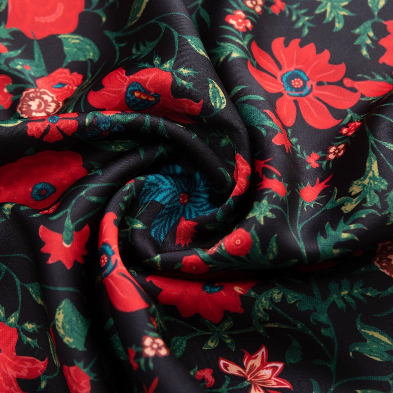 Keasmto Womens Floral Skirts Midi Length High Waist Silk Satin Elasticized A Line Summer Casual Boho Flower Skirt Black Red Floral-03 L - Image 1