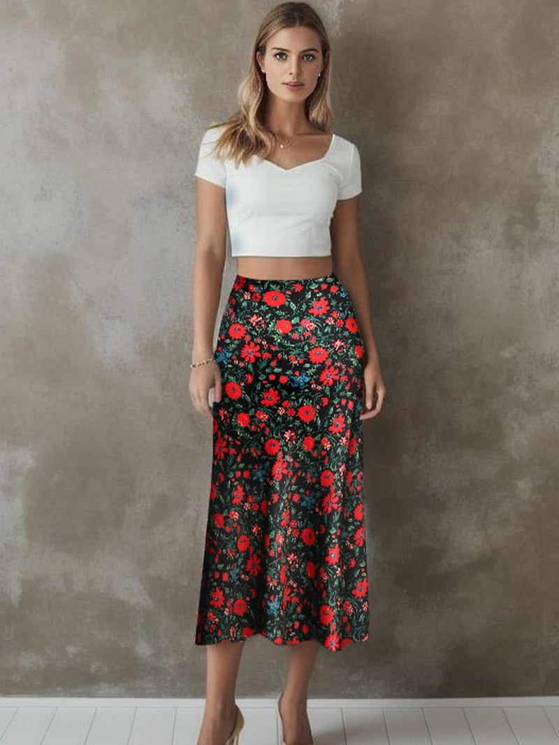 Keasmto Womens Floral Skirts Midi Length High Waist Silk Satin Elasticized A Line Summer Casual Boho Flower Skirt Black Red Floral-03 L - Image 5