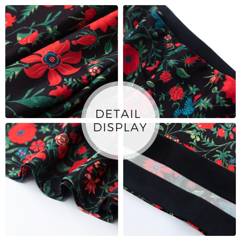 Keasmto Womens Floral Skirts Midi Length High Waist Silk Satin Elasticized A Line Summer Casual Boho Flower Skirt Black Red Floral-03 L - Image 4