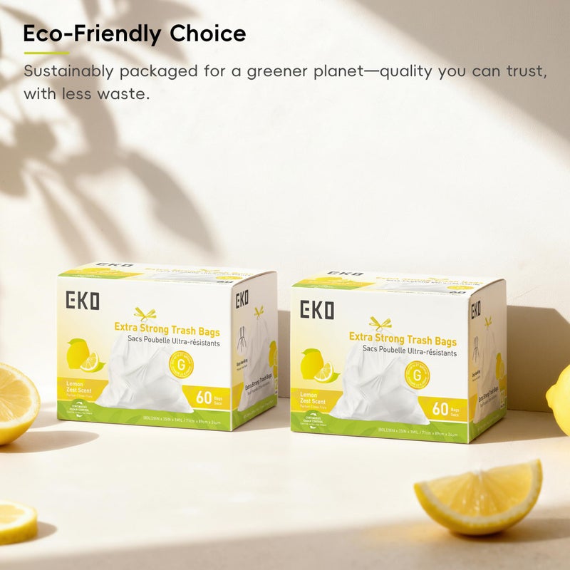 Eko 21 Gallon / 50-90 Liter  60 Count Drawstring Trash Bags  Extra-Strong Garbage Bags  Lemon Zest Scent With Continuous Odor Control  Easy-Dispense Roll For Kitchen And Household Use  Code G  White - Image 4