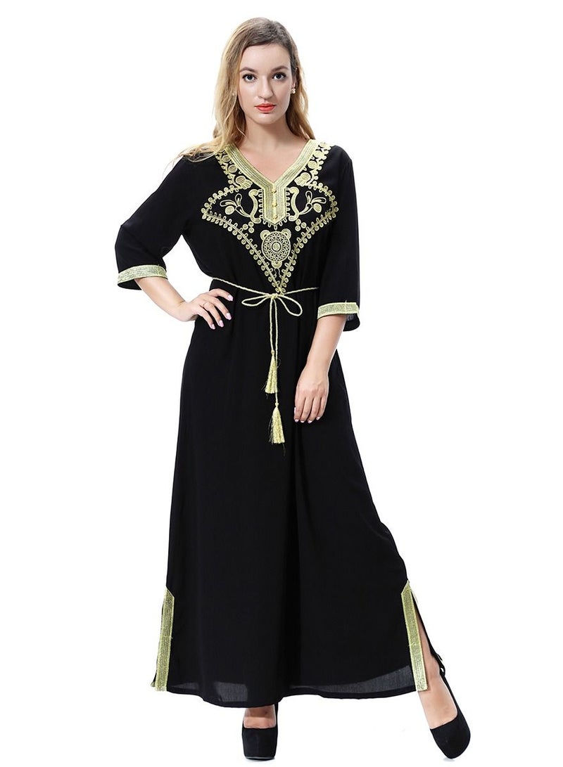 Loquat Women's V- Neck Three-Quarter Sleeve Embroidery Maxi Dress Robe With Belt Black/Yellow  - Image 1