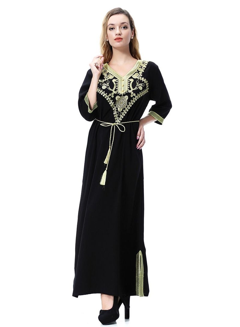 Loquat Women's V- Neck Three-Quarter Sleeve Embroidery Maxi Dress Robe With Belt Black/Yellow  - Image 2