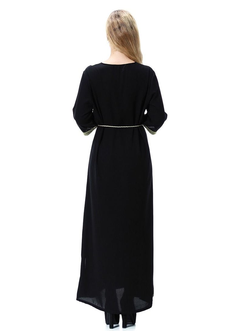 Loquat Women's V- Neck Three-Quarter Sleeve Embroidery Maxi Dress Robe With Belt Black/Yellow  - Image 3
