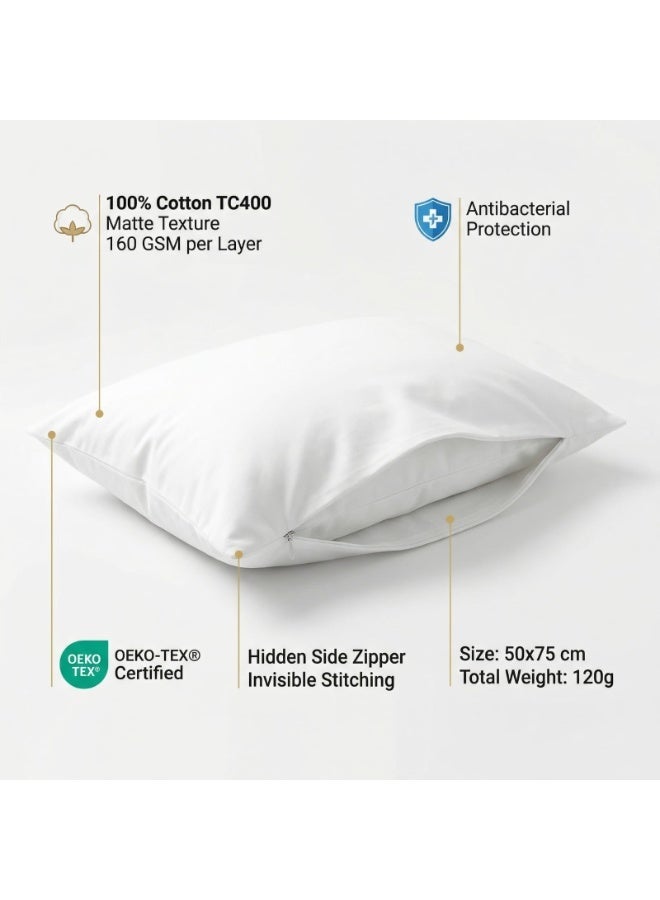 أرلو عدد2 كيس وسادة قطني 100% مزدوج الطبقة 160 GSM لكل طبقة – جودة فندقية TC400 – سحاب جانبي مخفي – 50×75 سم - Image 3