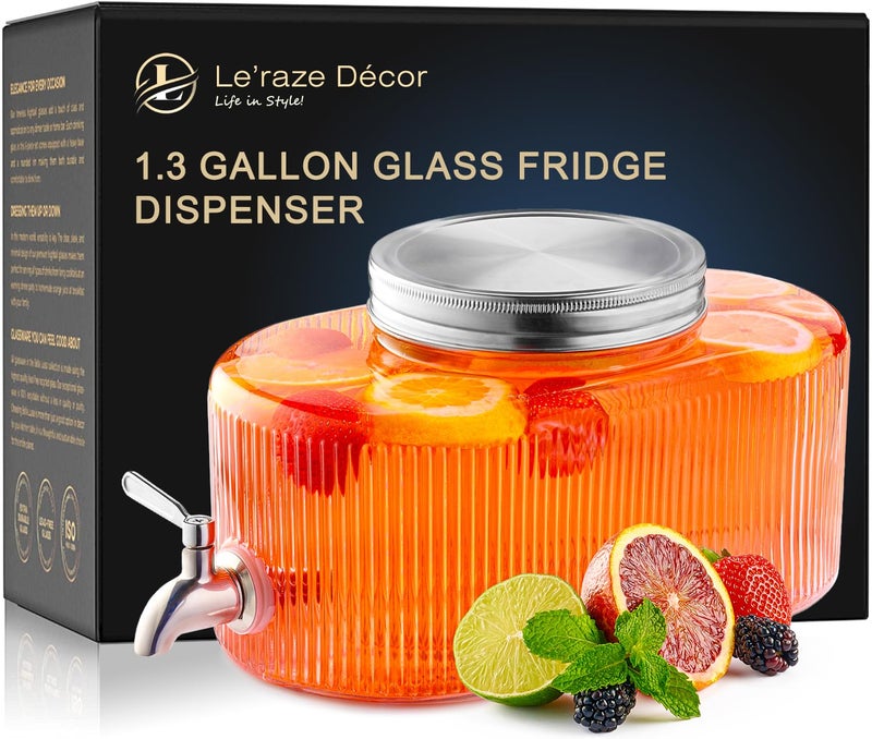 Le'raze Glass Drink Dispenser for Fridge - 100% Leakproof Stainless Steel Spigot - Liquid Laundry Detergent Dispenser, Punch Bowl Beverage Dispenser for Parties, Water Dispenser Countertop, 5L Jug 1.32 Gallon - Image 1