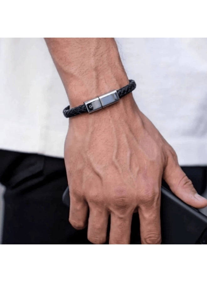 Bracelet USB Charging Cable Data Charging Cord for iPhone- Long Loop Portable Travel Durable Braided Leather Charging Wrist Clasp USB for Apple iPhone Plus X L(23.5") Black - Image 4