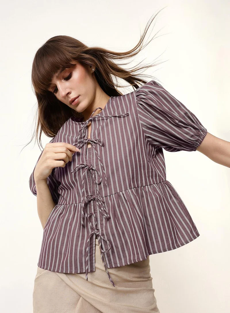 Dennis Lingo Purple 100% Cotton Striped Blouse Boxy Tops For Women