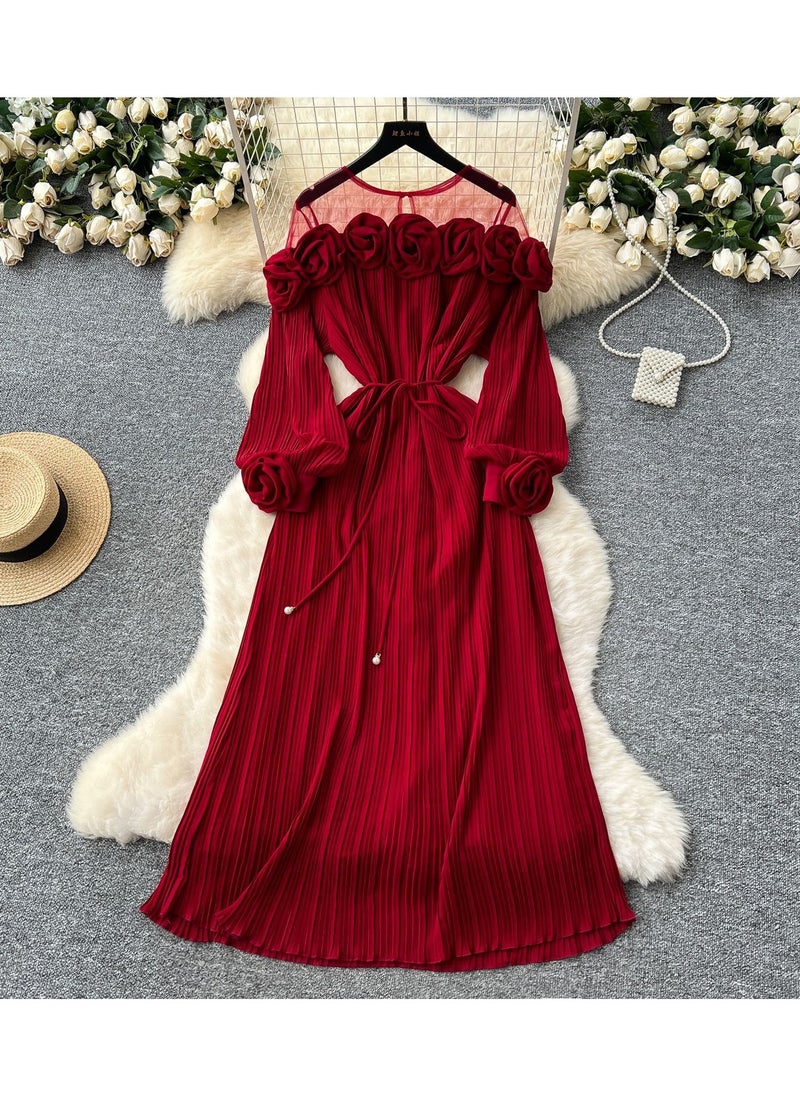 KUYING New Fashion Heavy Industry Three Dimensional Flower Perspective Mesh Splicing Long Sleeve Waist Folding Dress  - Image 1