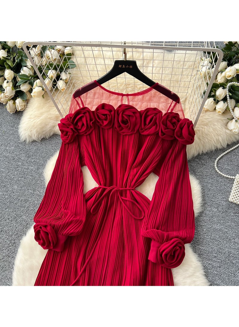 KUYING New Fashion Heavy Industry Three Dimensional Flower Perspective Mesh Splicing Long Sleeve Waist Folding Dress  - Image 2