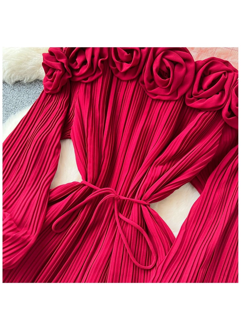 KUYING New Fashion Heavy Industry Three Dimensional Flower Perspective Mesh Splicing Long Sleeve Waist Folding Dress  - Image 3