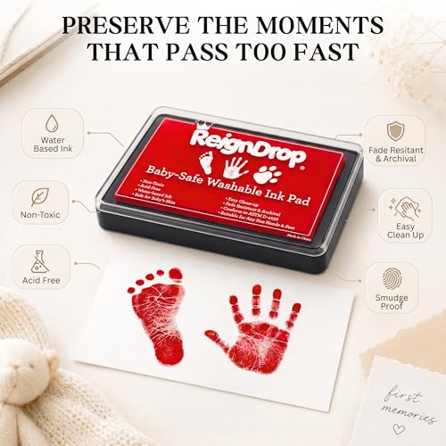 ReignDrop Baby Ink Pad for Hand and Footprints, Non-Toxic Acid-Free Keepsake Kit, Smudge-Proof Archival Ink Wipes Off Skin, for Scrapbook, Photo Album, Frames & Pet Paws, Baby Gift (Red) - Image 5