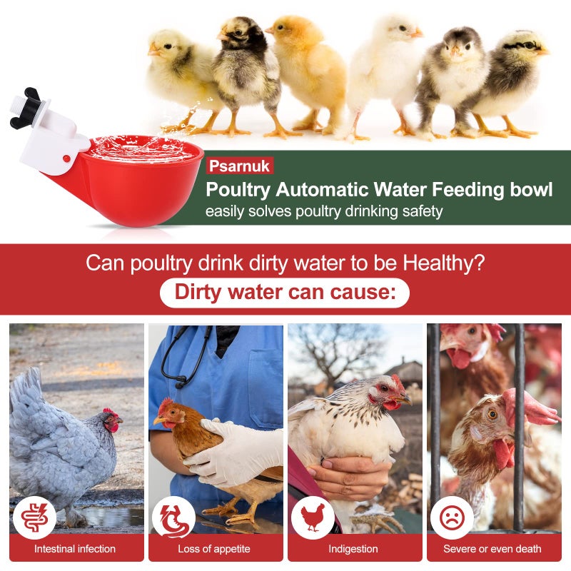 Psarnuk Chicken Waterer Cups (8 Pack/Red) - DIY Automatic Large Chicken Water Feeder for Ducks,Chicks, Turkeys, Quail, Bunny, Bird and Other Various Poultry Dispenser with Matching Drill - Image 2