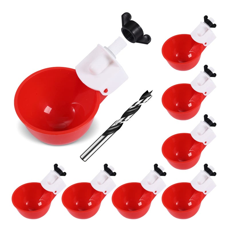Psarnuk Chicken Waterer Cups (8 Pack/Red) - DIY Automatic Large Chicken Water Feeder for Ducks,Chicks, Turkeys, Quail, Bunny, Bird and Other Various Poultry Dispenser with Matching Drill - Image 1