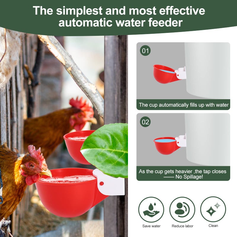 Psarnuk Chicken Waterer Cups (8 Pack/Red) - DIY Automatic Large Chicken Water Feeder for Ducks,Chicks, Turkeys, Quail, Bunny, Bird and Other Various Poultry Dispenser with Matching Drill - Image 3
