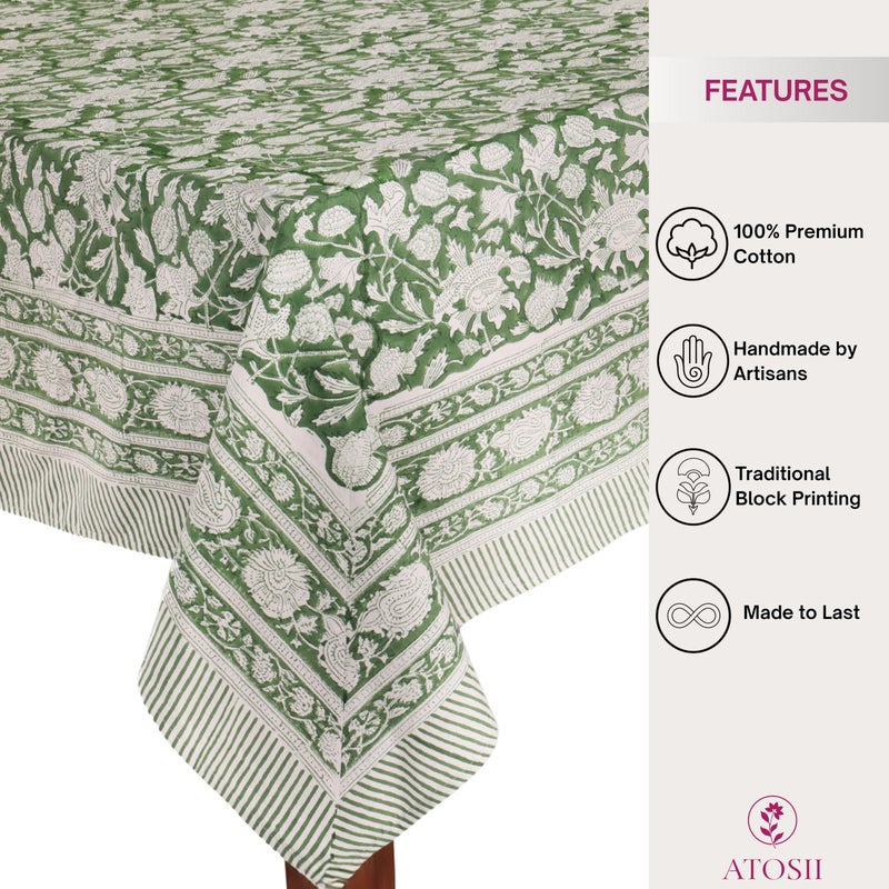 ATOSII Meraki Green 100% Cotton Rectangle Tablecloth, Hand Block Print Washable Table Cover, Dining, Christmas Parties, Outdoors, Weddings, Thanksgiving, Halloween, Fall Decor 60 X 90 Inches, 6 Seater - Image 2