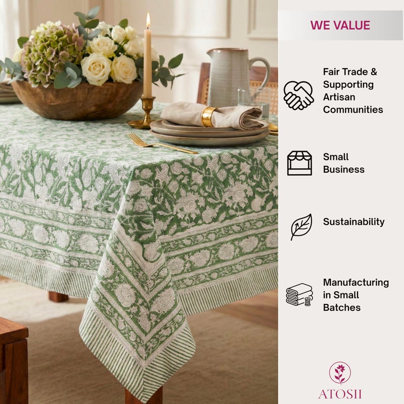 ATOSII Meraki Green 100% Cotton Rectangle Tablecloth, Hand Block Print Washable Table Cover, Dining, Christmas Parties, Outdoors, Weddings, Thanksgiving, Halloween, Fall Decor 60 X 90 Inches, 6 Seater - Image 4