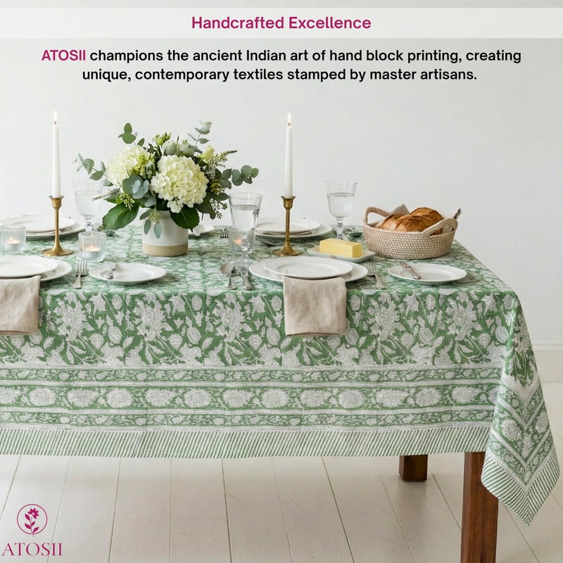 ATOSII Meraki Green 100% Cotton Rectangle Tablecloth, Hand Block Print Washable Table Cover, Dining, Christmas Parties, Outdoors, Weddings, Thanksgiving, Halloween, Fall Decor 60 X 90 Inches, 6 Seater - Image 3