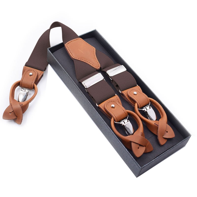 Mens Trendy Suspenders 3.5cm Adjustable Elastic 6 Clips Casual Straps Brown 